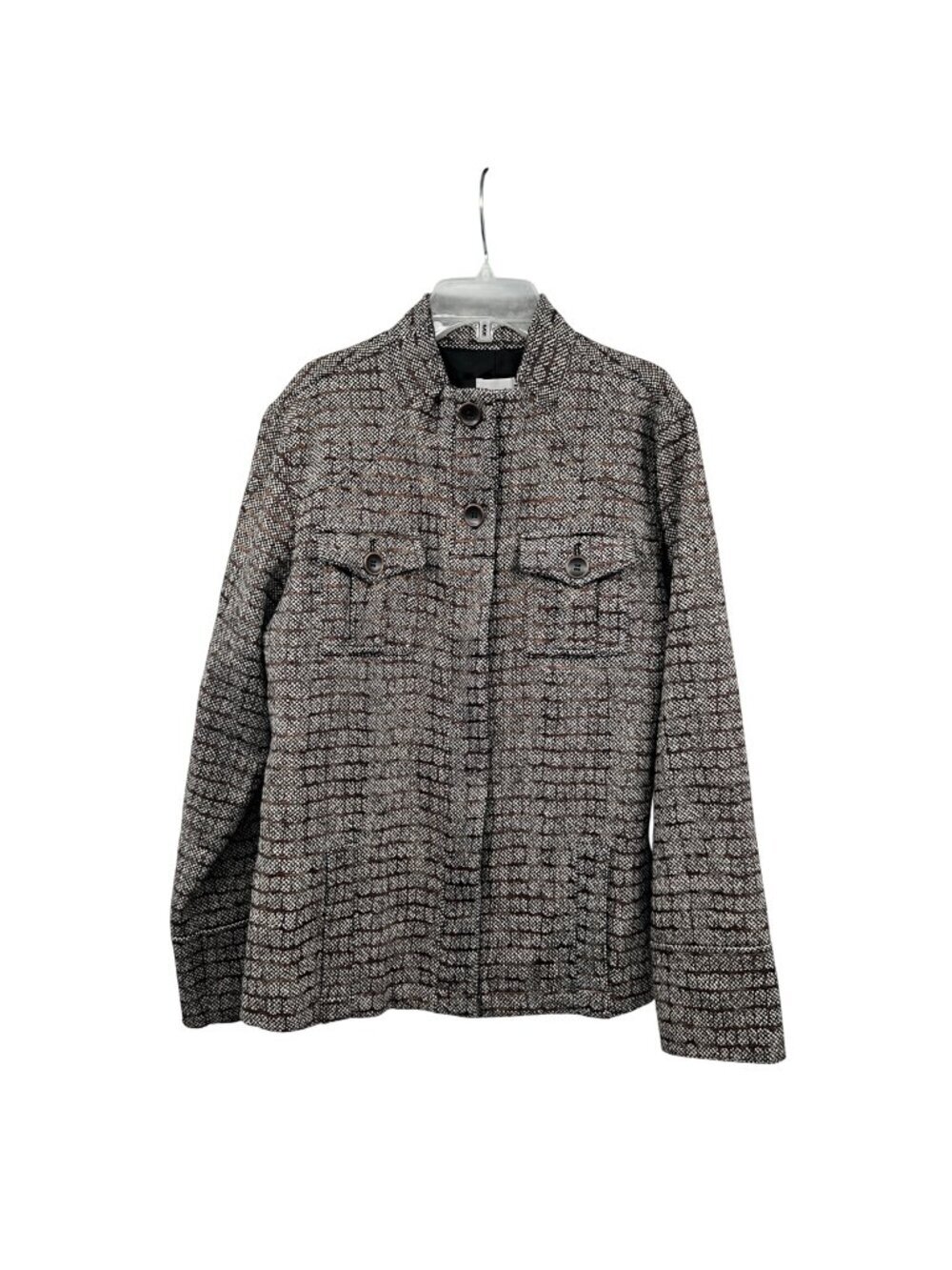 Chico's Womens Tweed Blazer Button Up Brown/Multi Pockets Size Large